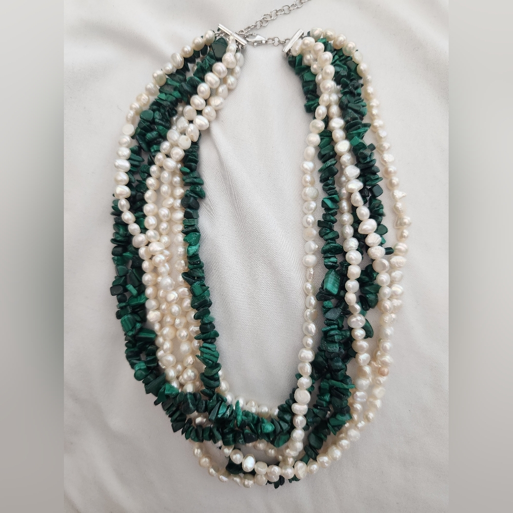 NWOT Ross Simons Cultured Freshwater Pearl Malachite Torsade Necklace ! 20.5”